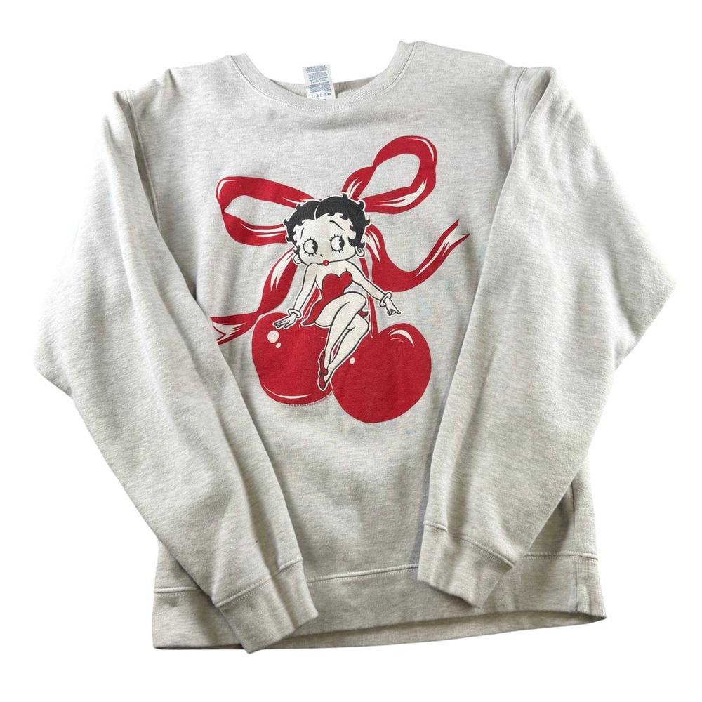 Betty Boop Cherry Graphic Sweatshirt Gray Delta Fleece Crewneck Small